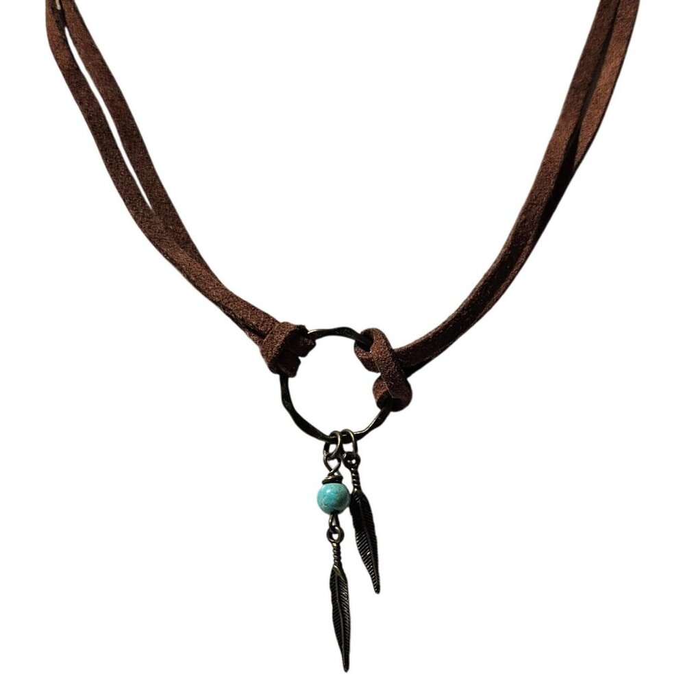 Southwest Brown Suede Feather Pendant Necklace Turquoise Beads Ethnic Jewelry